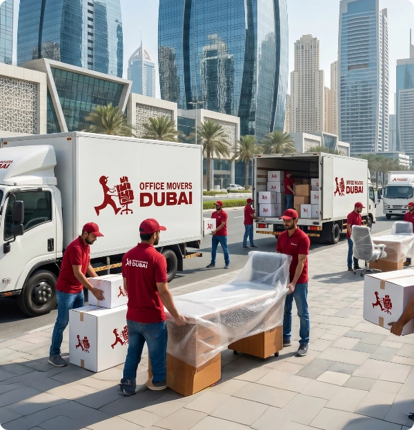 Office Movers Dubai crew loading wrapped IT equipment outside a Dubai office tower
