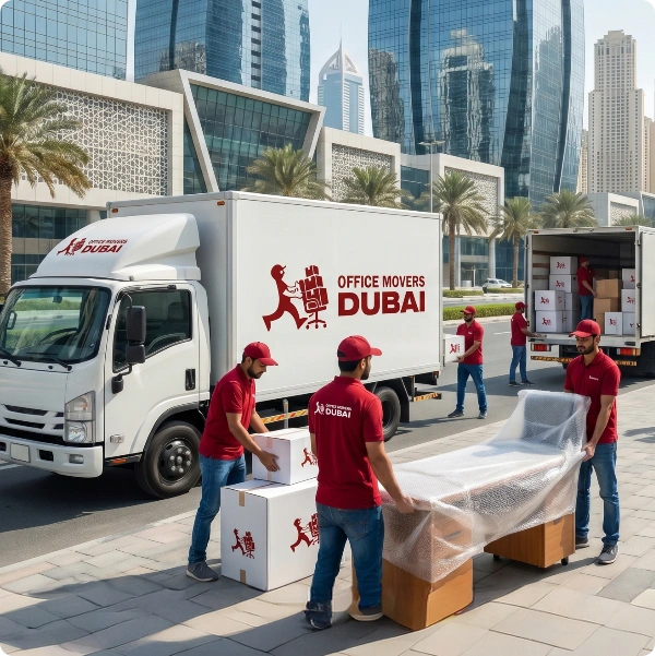 Office Movers Dubai crew loading wrapped IT equipment outside a Dubai office tower