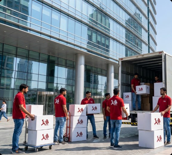 Office Movers Dubai crew loading boxes outside a Dubai office tower