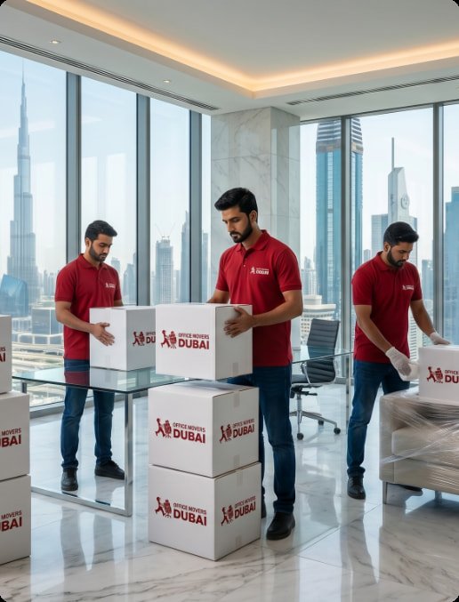 Office Movers Dubai crew packing boxes in a Dubai office