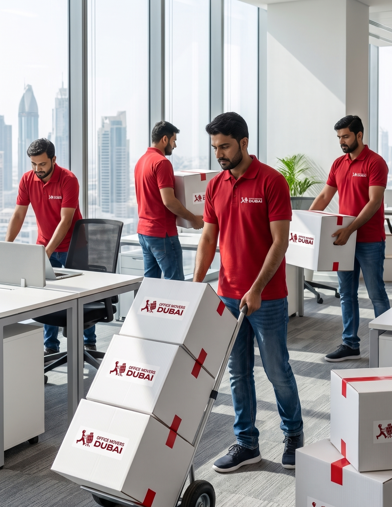 Movers loading office boxes into a truck in Dubai