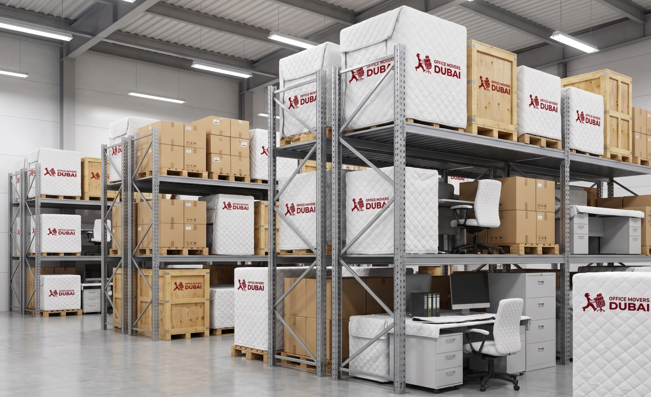 Labeled office moving boxes stacked and sealed