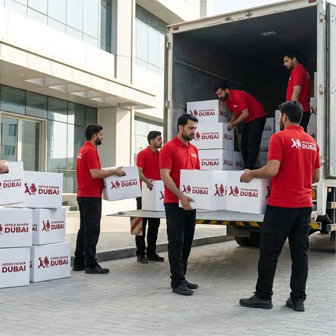 Uniformed Office Movers Dubai crew in front of closed moving trucks
