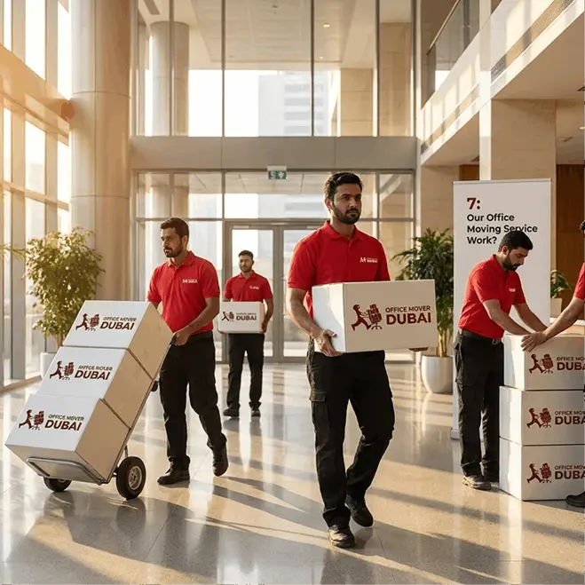 The Office Mover Dubai crew standing in front of three branded moving trucks with the Dubai skyline behind them