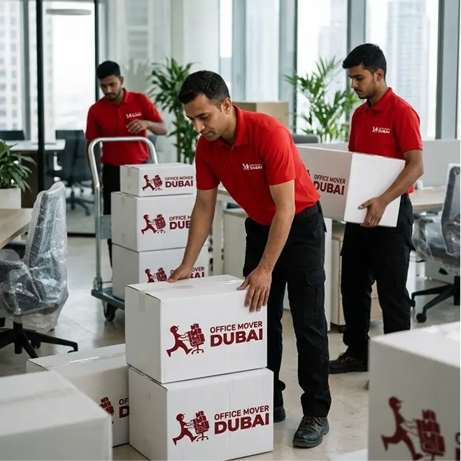 Branded moving boxes, bubble wrap and tape ready for packing