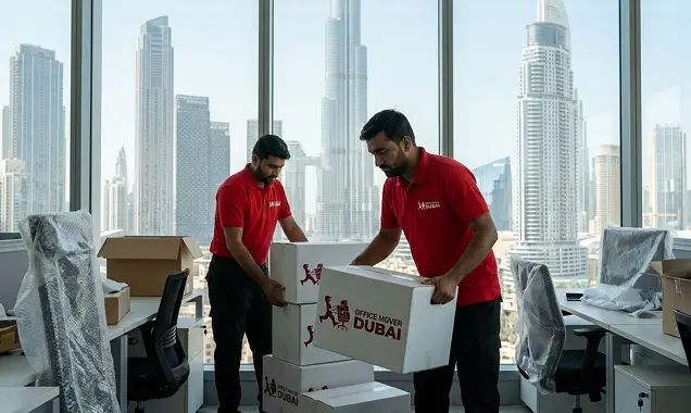 Office Movers Dubai crew loading boxes outside a Dubai office tower