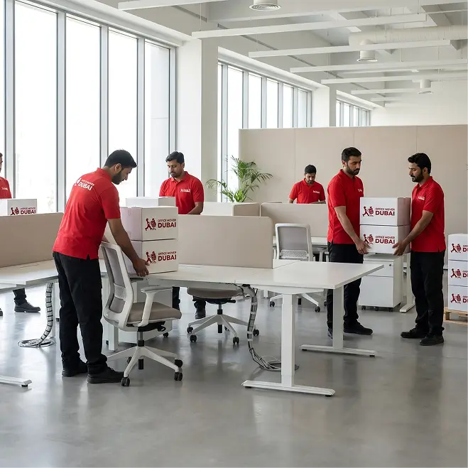 Crew assembling desks and chairs in a new Dubai office